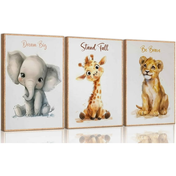 3 Pcs Safari Nursery Canvas Wall Art Kids Cute Inspirational Animal Lion Giraffe Elephant Painting Picture Wall Decor Poster Print Artwork for Baby Boys and Girls Room Home Decoration
