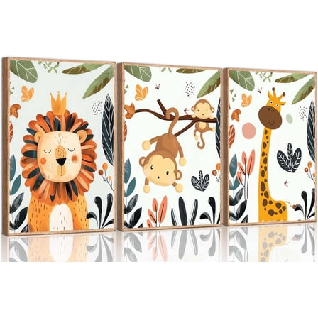 3 Pcs Safari Nursery Canvas Wall Art Tropical Jungle Animals Lion Monkey Giraffe Paintings Pictures Wall Decor Posters Print Artwork for Kid Room Boy's Girl's Room Baby Room Unframed