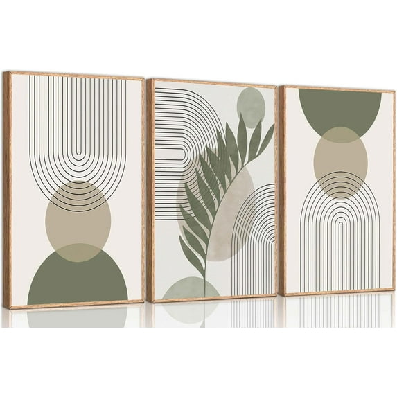 3 Pcs Sage Green Boho Canvas Wall Art Mid-Century Modern Neutral Minimalist Abstract Bohemia Plant Geometric Line Pictures Wall Decor Poster Print Artwork for Living Room Bedroom Decoration