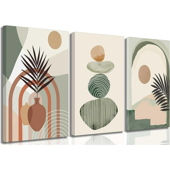 3 Pcs Sage Green Boho Canvas Wall Art Modern Abstract Minimalist Neutral Bohemian Sun Geometric Line Painting Picture Wall Decor Poster Print Artwork for Living Room Bedroom Home Decoration