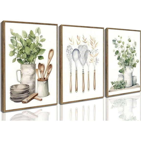 3 Pcs Sage Green Farmhouse Kitchen Canvas Wall Art Minimalist Dining Room Eucalyptus leaves plant Painting Pictures Wall Decor Poster Print Artwork For Dining Room kitchen Home Decoration