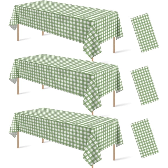 3 Pcs Sage Green Gingham Tablecloth Decorations, Disposable Plastic Green Checkered Tablecloth Buffalo Plaid Table Cover for Baby Shower Bridal Wedding Birthday Party Supplies,54 x 108 Inch