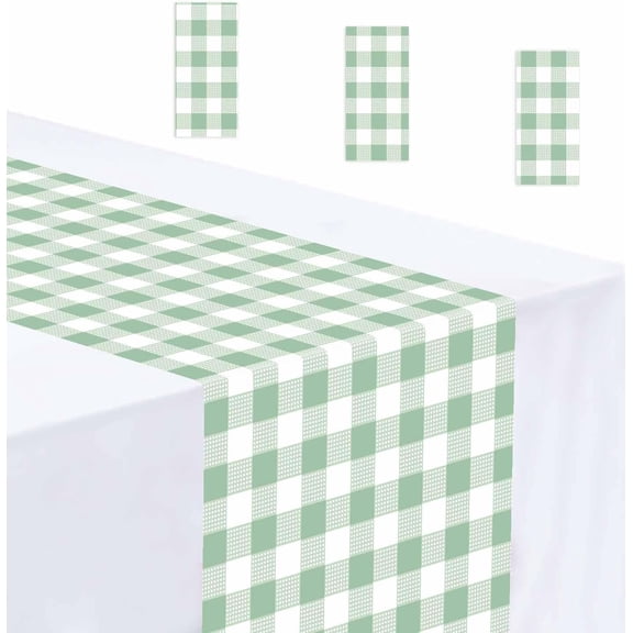 3 Pcs Sage Green and White Checkered Table Runner Plastic 14 x 108 Disposable Sage Green Gingham Table Runner for Birthday Wedding Baby Shower Party Table Centerpiece Decorations