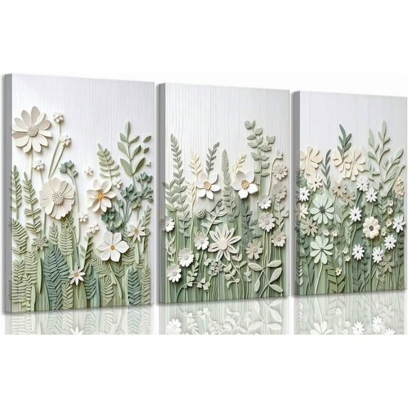 3 Pcs Sage Green Wildflowers Canvas Wall Art Neutral Minimalist Abstract Boho Floral Botanical Painting Pictures Wall Decor Poster Print Artwork for Living Room Bedroom Home Decoration Und