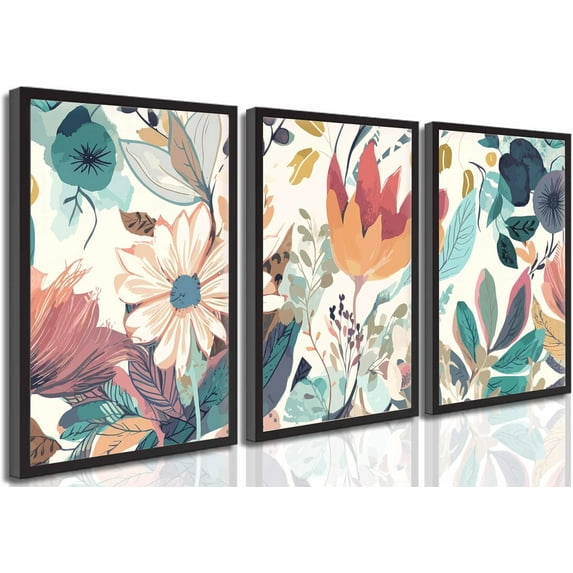 3 Pcs Sage Green Wildflowers Canvas Wall Art Neutral Minimalist Abstract Boho Floral Botanical Painting Pictures Wall Decor Poster Print Artwork for Living Room Bedroom Home Decoration