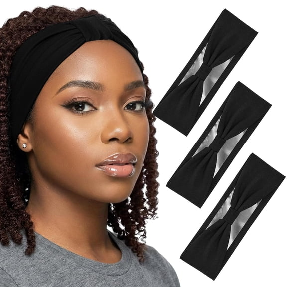 3 Pcs Satin Lined Headbands for Women Black Fashion Head Wraps Turban Headbands for Thick Women Hair
