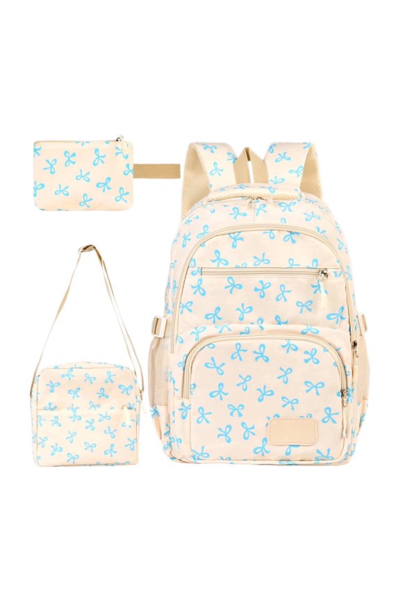 3-Pcs School Backpacks With Bow For Girls, Delicate Coquette Style Bookbag, Adorable Bow Pattern Backpack Kit For Young Students (Light Blue Bow)