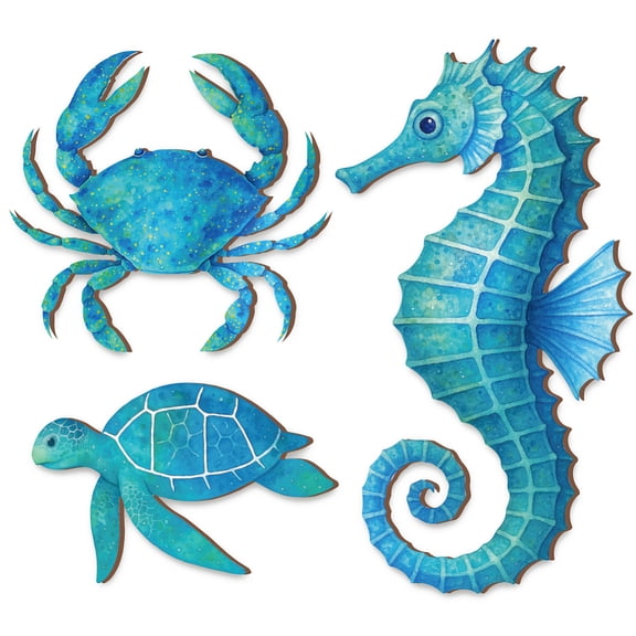 3 Pcs Seahorse Sea Wall Decor Blue Sea Turtle Seahorse Crabs Wall Art Ocean Beach Wall Decor Vintage Nautical Coastal Theme Ornaments