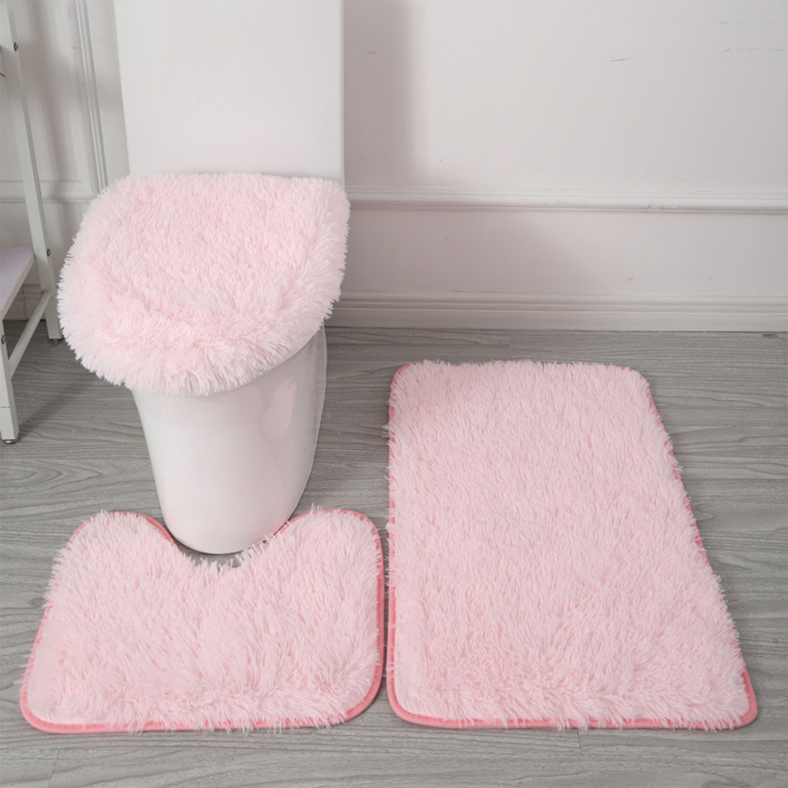 3 Pcs/Set Bathroom Rug Set Contour Bath Rug Toilet Lid Cover - Light Pink - image 1 of 5
