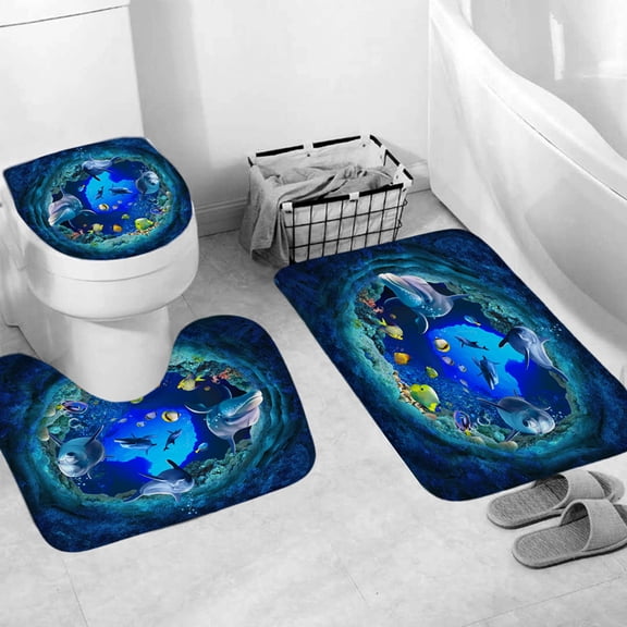 3 Pcs Set Bathroom Rugs Toilet Mats Blue Dolphin Pattern Soft Absorbent Non-Slip Backing Mat Memory Foam Rug