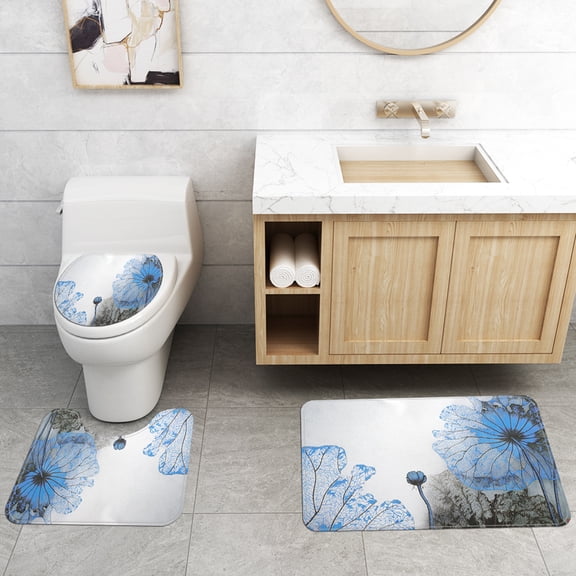 3 Pcs/Set Bathroom Rugs Toilet Mats Blue Flower Pattern Soft Absorbent Non-Slip Backing Mat Memory Foam Rug