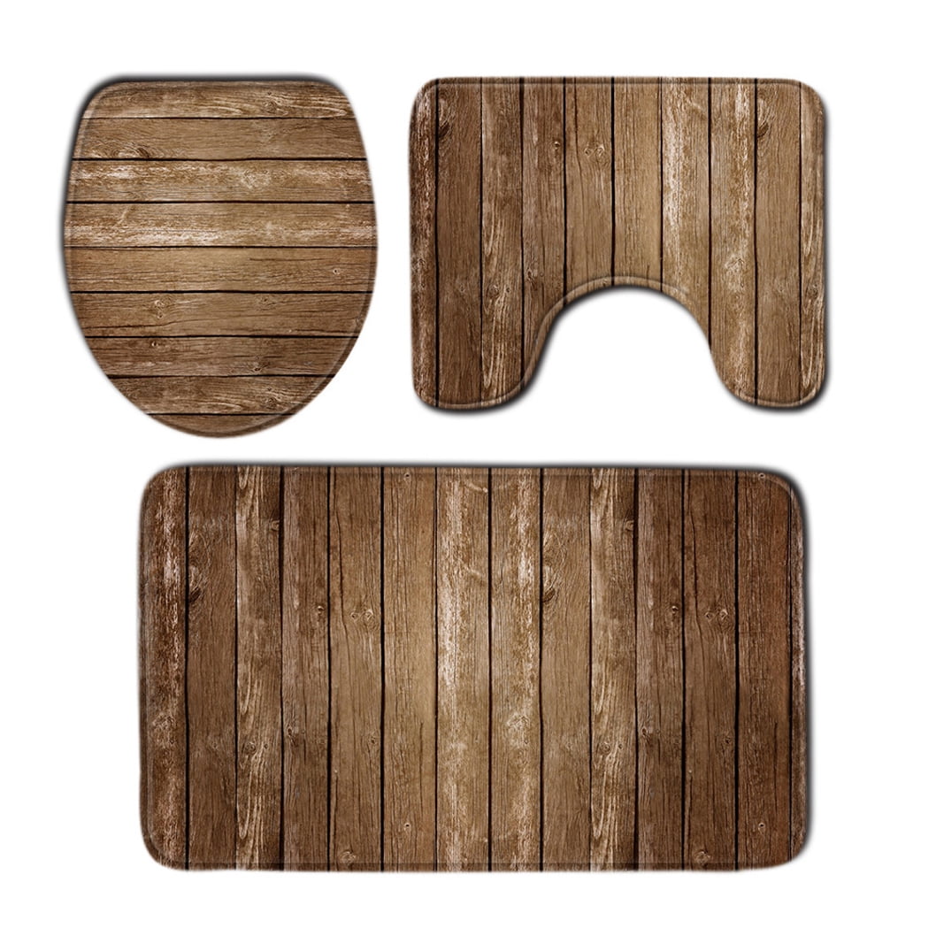 3 Pcs Set Bathroom Rugs Toilet Mats Brown Wood Grain Soft Absorbent Non-Slip Backing Mat Memory Foam Rug
