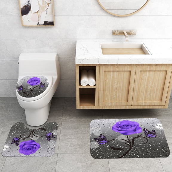 3 Pcs/Set Bathroom Rugs Toilet Mats Purple Flower Pattern Soft Absorbent Non-Slip Backing Mat Memory Foam Rug