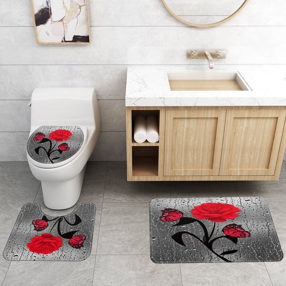 3 Pcs Set Bathroom Rugs Toilet Mats Red Flower Pattern Soft Absorbent Non-Slip Backing Mat Memory Foam Rug