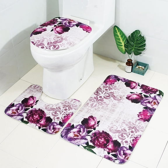3 Pcs Set Bathroom Rugs Toilet Mats Soft Absorbent Purple Flowers Pattern Non-Slip Backing Mat Memory Foam Rug