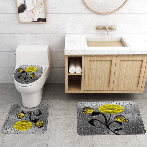 3 Pcs/Set Bathroom Rugs Toilet Mats Yellow Flower Pattern Soft Absorbent Non-Slip Backing Mat Memory Foam Rug