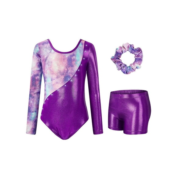 3 Pcs Set Girls Long Sleeve Shiny Metallic Gymnastics Leotards Bodysuit with Tights