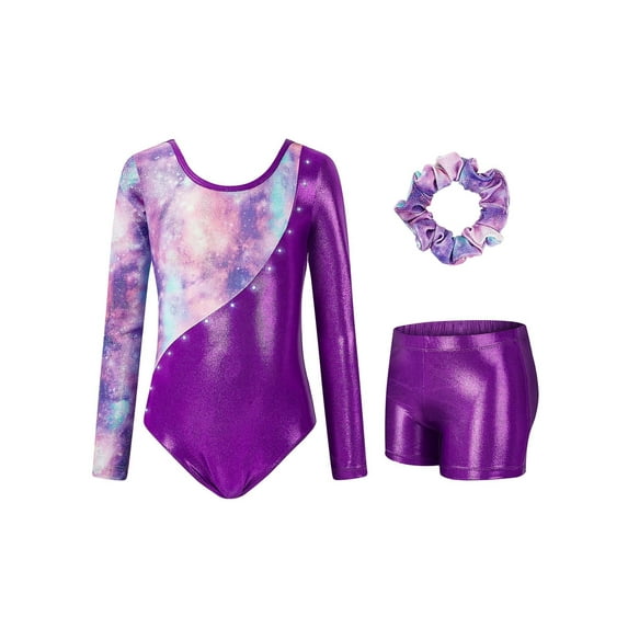 3 Pcs Set Girls Long Sleeve Shiny Metallic Gymnastics Leotards Bodysuit with Tights