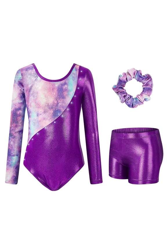 3 Pcs Set Girls Long Sleeve Shiny Metallic Gymnastics Leotards Bodysuit with Tights