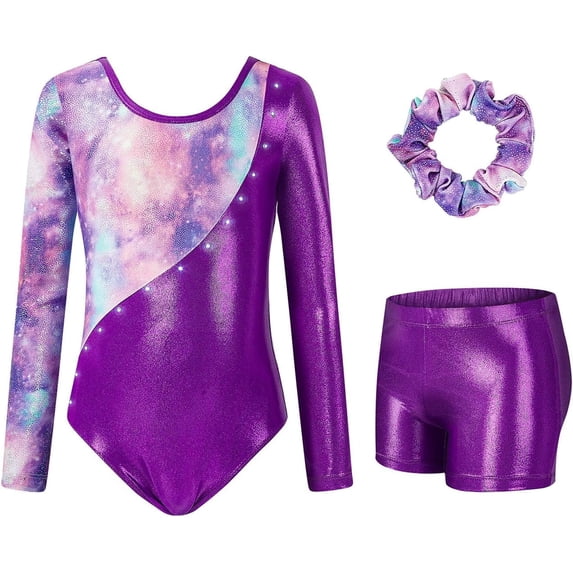 3 Pcs Set Gymnastics Leotards for Girls,Long Sleeve Rhinestone Kids Dance Unitards Biketards with Tumbling Dance Shorts