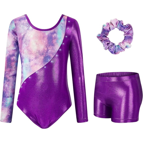3 Pcs Set Gymnastics Leotards for Girls,Long Sleeve Rhinestone Kids Dance Unitards Biketards with Tumbling Dance Shorts