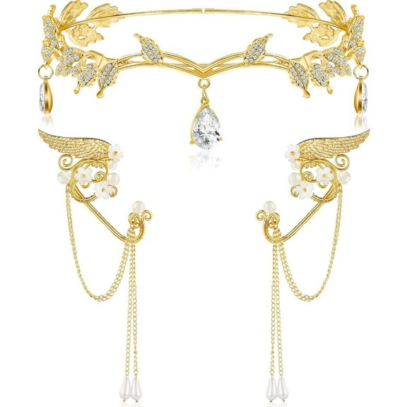 3 Pcs Set Glittering Rhinestone Leaf Crown & Pearl Ear Cuffs, Adjustable Fairy Headband & Clip-On Elf Ears for Cosplay Party