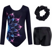 3 Pcs Set Gymnastics Leotards For Girls Long Sleeve Criss Cross-Back Ballet Leotards For Gymnastics With Shorts Toddler Dance Outfit For 5-10 Years
