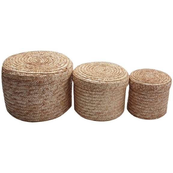 3 Pcs/Set Handmade Straw Woven Storage Basket With Lid Snack Organizer Storage Box Laundry Baskets Rattan Storage