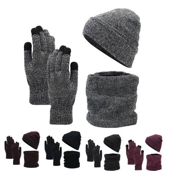 3 Pcs/Set Hat Scarf And Gloves Set Thick Knitted Ear Protecting Cap Gloves Stretchy Plush-lined Windproof Winter Dome Cap Neck Wrap Set for Cycling Camping