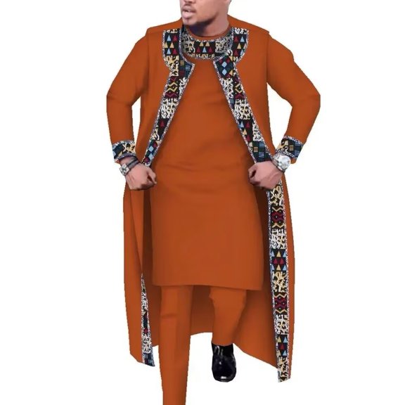 3 Pcs Set Long Robe Tops and Trouser Suits African Print Party Wedding African Men Clothing