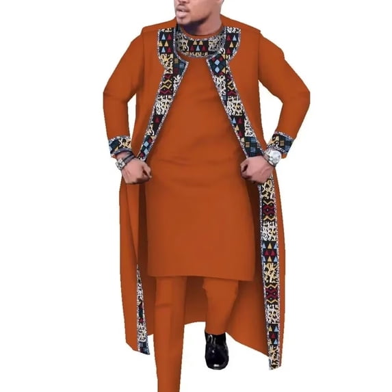3 Pcs Set Long Robe Tops and Trouser Suits African Print Party Wedding African Men Clothing