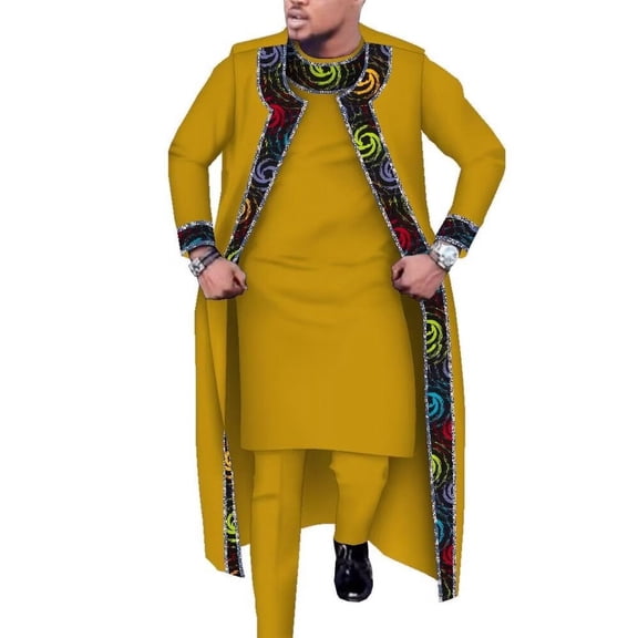 3 Pcs Set Long Robe Tops and Trouser Suits African Print Party Wedding African Men Clothing