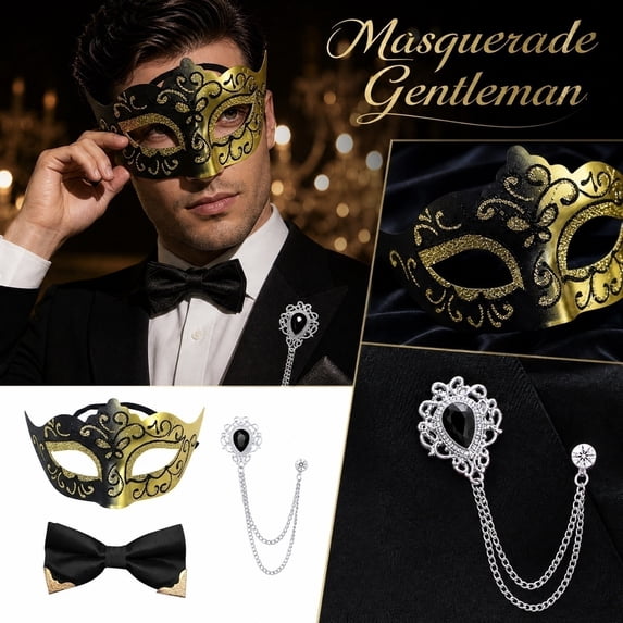 3 Pcs Set, Masquerade Mask for Men, Black and Gold Venetian Masquerade Masks with Bow Tie and Brooch, Halloween Accessory for Mardi Gras Party Event, Gold Black, 3 Pack