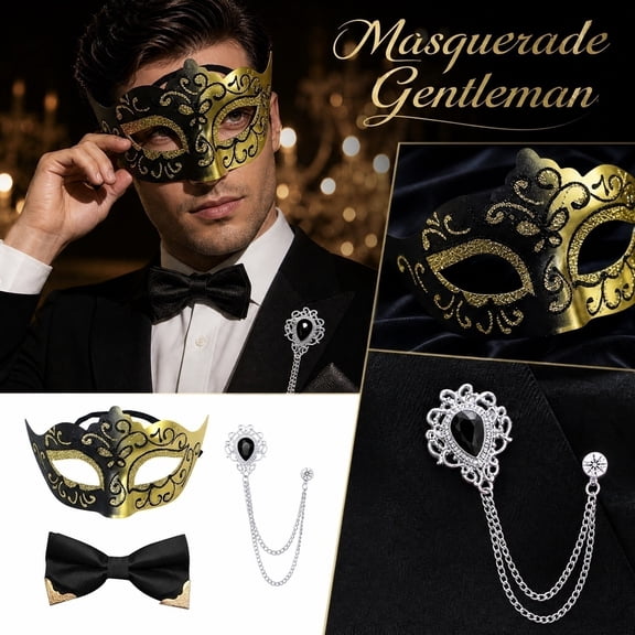 3 Pcs Set, Masquerade Mask for Men, Black and Gold Venetian Masquerade Masks with Bow Tie and Brooch, Halloween Accessory for Mardi Gras Party Event, Gold Black, 3 Pack