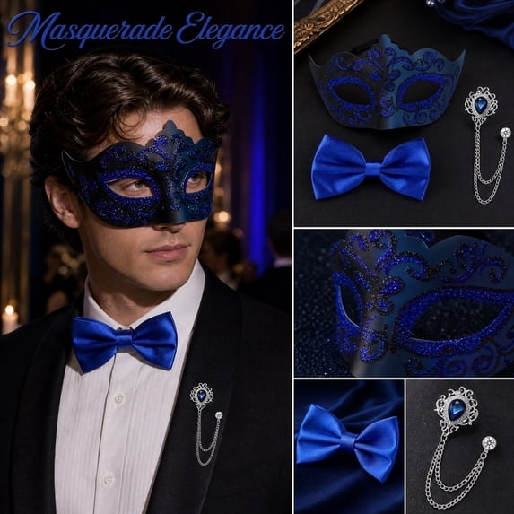3 Pcs Set, Masquerade Mask for Men Blue Venetian Masquerade Masks Mens Mardi Gras Mask Party Accessories for Masquerade Party Halloween Mardi Gras Event, Complete with Bow Tie and