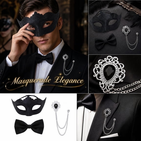 3 Pcs Set, Mens Masquerade Mask Black Masquerade Mask Mens Mardi Gras Mask for Masquerade Party Mardi Gras Halloween Party Supplies Formal Evening Event Accessory, 3 Pack