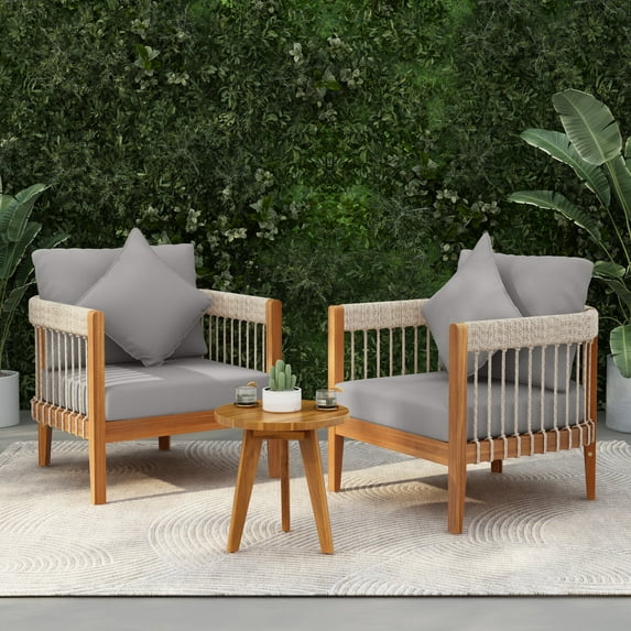 3 Pcs Set Outdoor Club Chair, Patio Lounge Chair with Handwoven Rope Accents & Curved Backrest, Removable Cushions and Coffee Table for Porch, Garden (Natural+Grey)