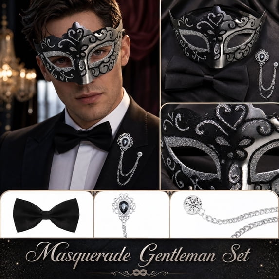 3 Pcs Set, Silver Masquerade Mask for Men, Mens Mardi Gras Mask Kit with Bow Tie and Lapel Pin, Halloween Party Supplies for Masquerade Party and Formal Events, Black Silver, 1