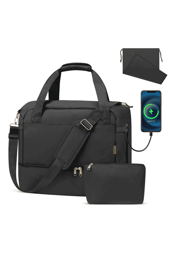 3 Pcs Set Travel Duffel Bag for Women, Weekender Overnight Bags with Shoe Compartment & Wet Pocket, Carry On Tote Bag Gym Duffel Bag with Shoes Bags for Hospital, Large Size, Black