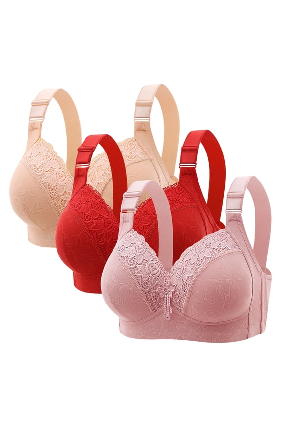 3 Pcs Set Wireless Bras for Women Full Coverage Floral Lace Bralettes Soft Plus Size Older Women Everyday Bras(Multicolor 36BC)