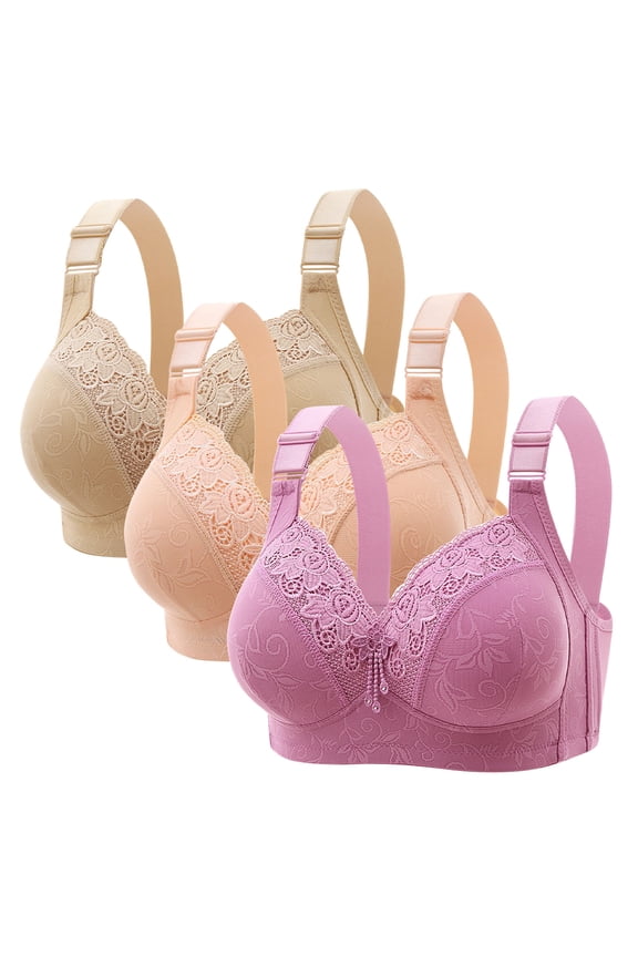 3 Pcs Set Wireless Bras for Women Full Coverage Floral Lace Bralettes Soft Plus Size Older Women Everyday Bras(Multicolor 36BC)