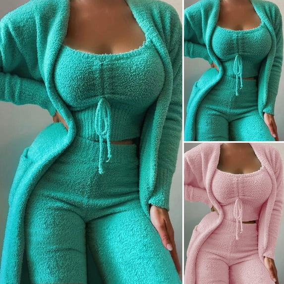 3 Pcs/Set Women Pajamas Set Solid Color Plush Thermal Loungewear Pockets Short Tops Warm Long Coat Coat Tops Pants Suit for Home Wear