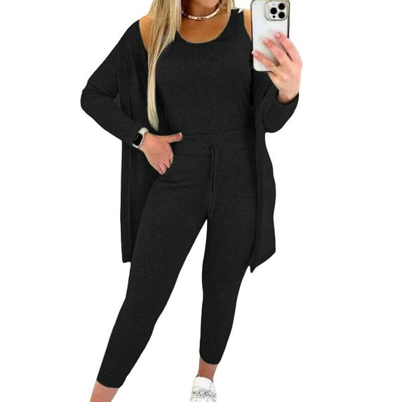 3 Pcs/Set Women Vest Coat Pants Suit Round Neck Sleeveless Top Long Sleeves Solid Color Coat Elastic Waist Wide Leg Trousers Daily Wear Sport Outfit Fall Spring Tracksuit