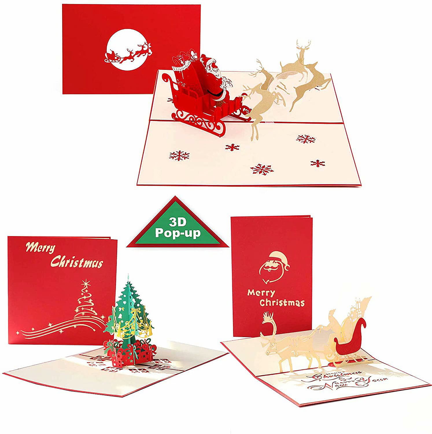 3 Pcs Set of 3D Pop Up Christmas Cards with Envelopes Santa, Xmas Tree