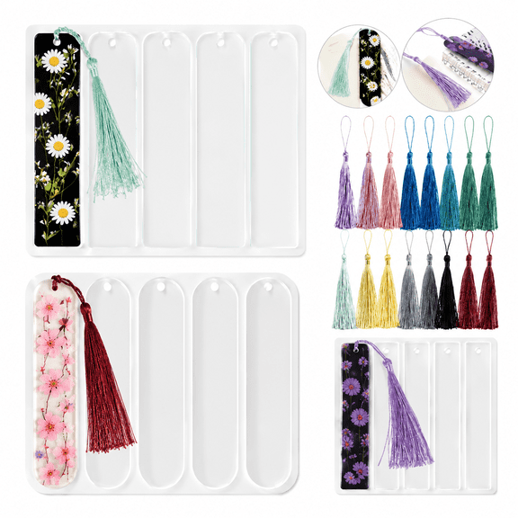 3 Pcs Shiny Bookmark Silicone Molds, Resin Molds Silicone Molds for Crafts, DIY Bookmark Making Kit with Tassels, Multi-Size Rectangle & Oval Handmade Craft Molds