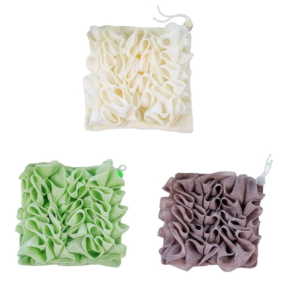 3 Pcs Shower Loofah with Drawstring Soap Holder, 2 in 1 Washcloth Loofah Combo, Soft Exfoliating Mesh Bath Ball for Bar Soap & Body Wash, Back Scrubber for Smooth Skin, 6.7"