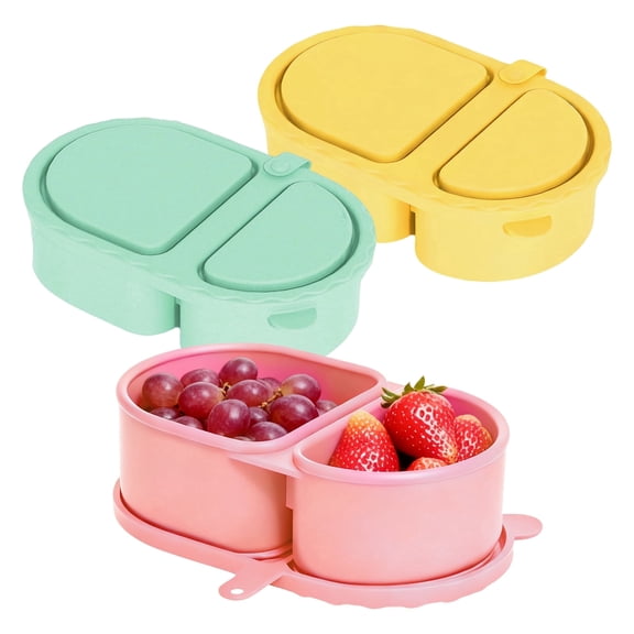 3 Pcs Silicone Double Compartment Snack Containers with Lids, Portable Mini Food Storage Box for Condiments, BPA-Free Leakproof Reusable Sauce Holder for Travel