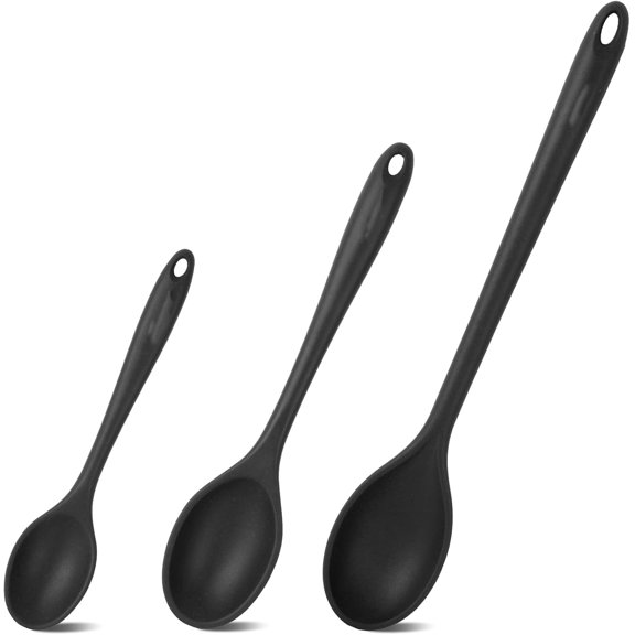 3 Pcs Silicone Spoons Set of 7.9 10.6 14.2 inch for Cooking, Heat Resistant Kitchen Spoons for Mixing, Stirring, and Serving, Small to Large Non Stick (Black)