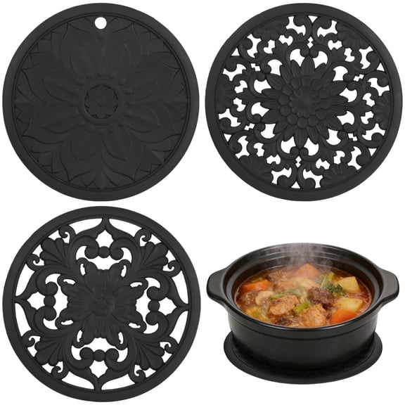 3 Pack Silicone Trivet Mats – 7.9" Round Heat Resistant Non‑Slip Pads, Classic Hollow Carved Pattern, for Hot Pots, Pans, Dishes & Counter Protection, Black