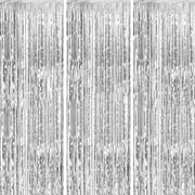3 Pcs Silver Metallic Foil Curtains,3.28ft x 6.56ft Fringe Rain Curtain Shine Photo Booth Backdrop Tinsel Curtain Streamer for Wedding Christmas New Year Baby Shower Celebration Party